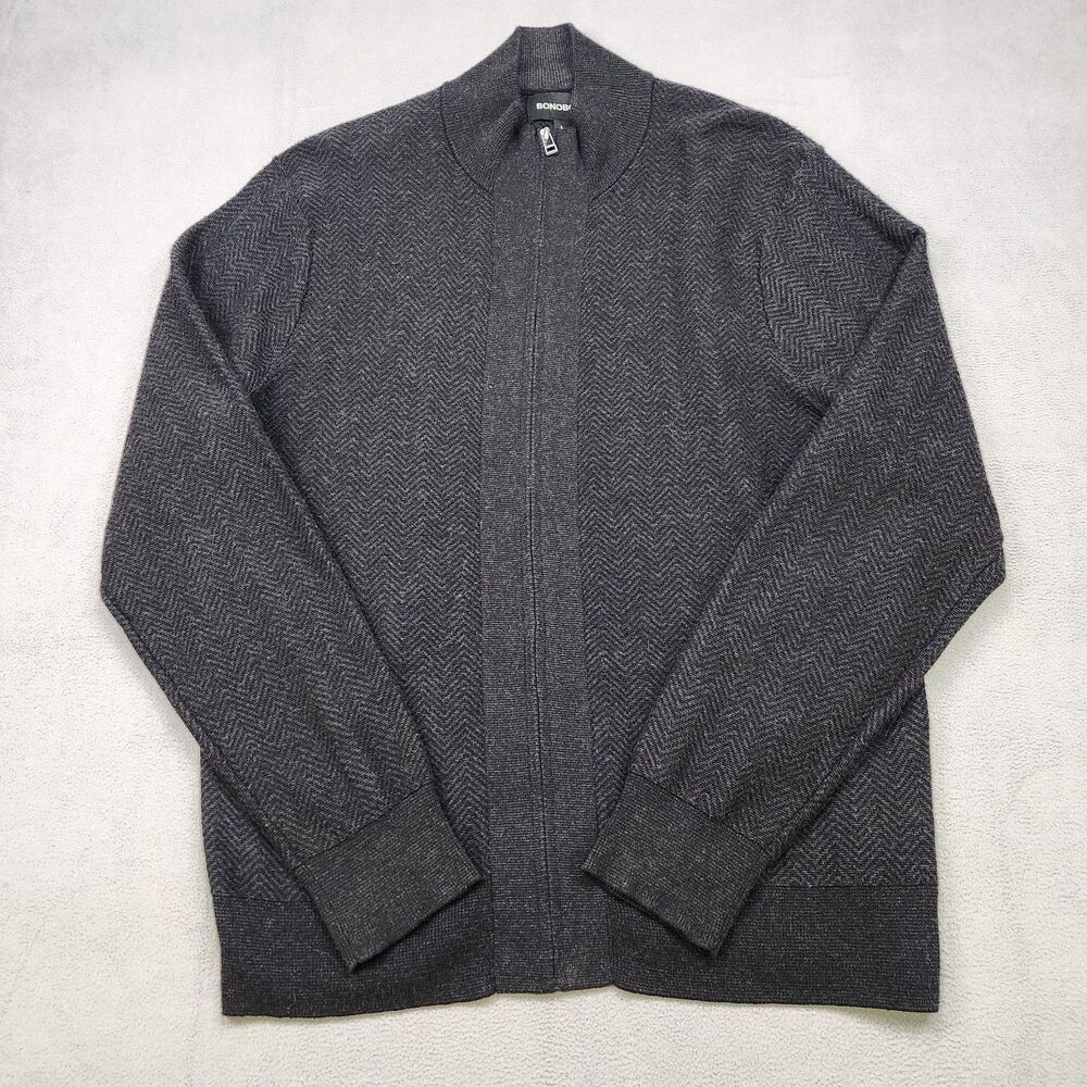 Bonobos Sweater Mens L Black Full Zip Cotton Cashmere Herringbone Knit Mock Neck